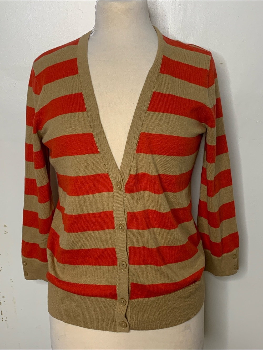 NEW Ann Taylor Loft Cotton Striped 3/4 Sleeve Cardigan Sweater orange Tan Fall M